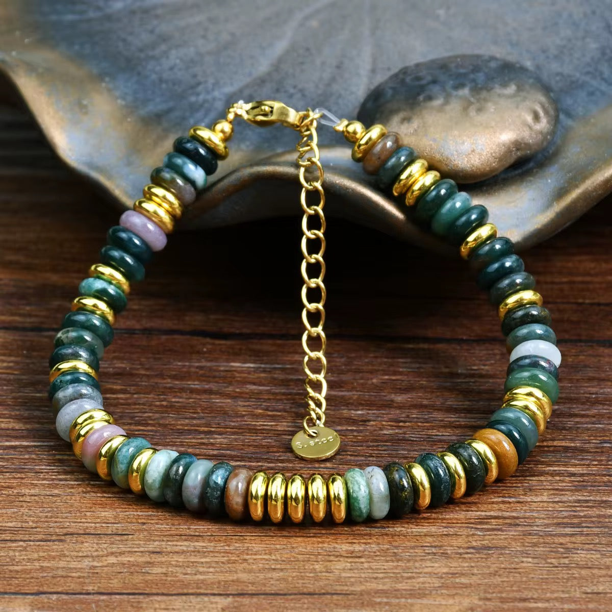 Bohemian Stone Bracelet for Women Stainless Steel Chains Handwoven Adjustable Natural Gemstone Stretch Boho Beaded Bracelet