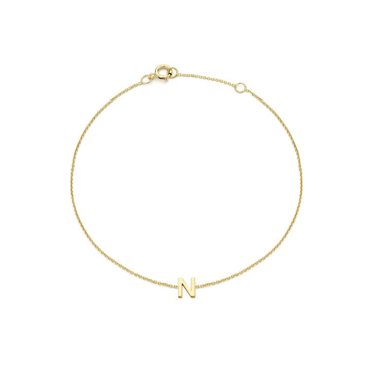 9K Yellow Gold Mini Initial 'N' Bracelet 15.5-19cm