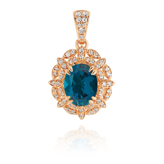 Elegant natural Londone Blue Topaz Pendant with Diamonds in Rose Gold | By Angeline Australia