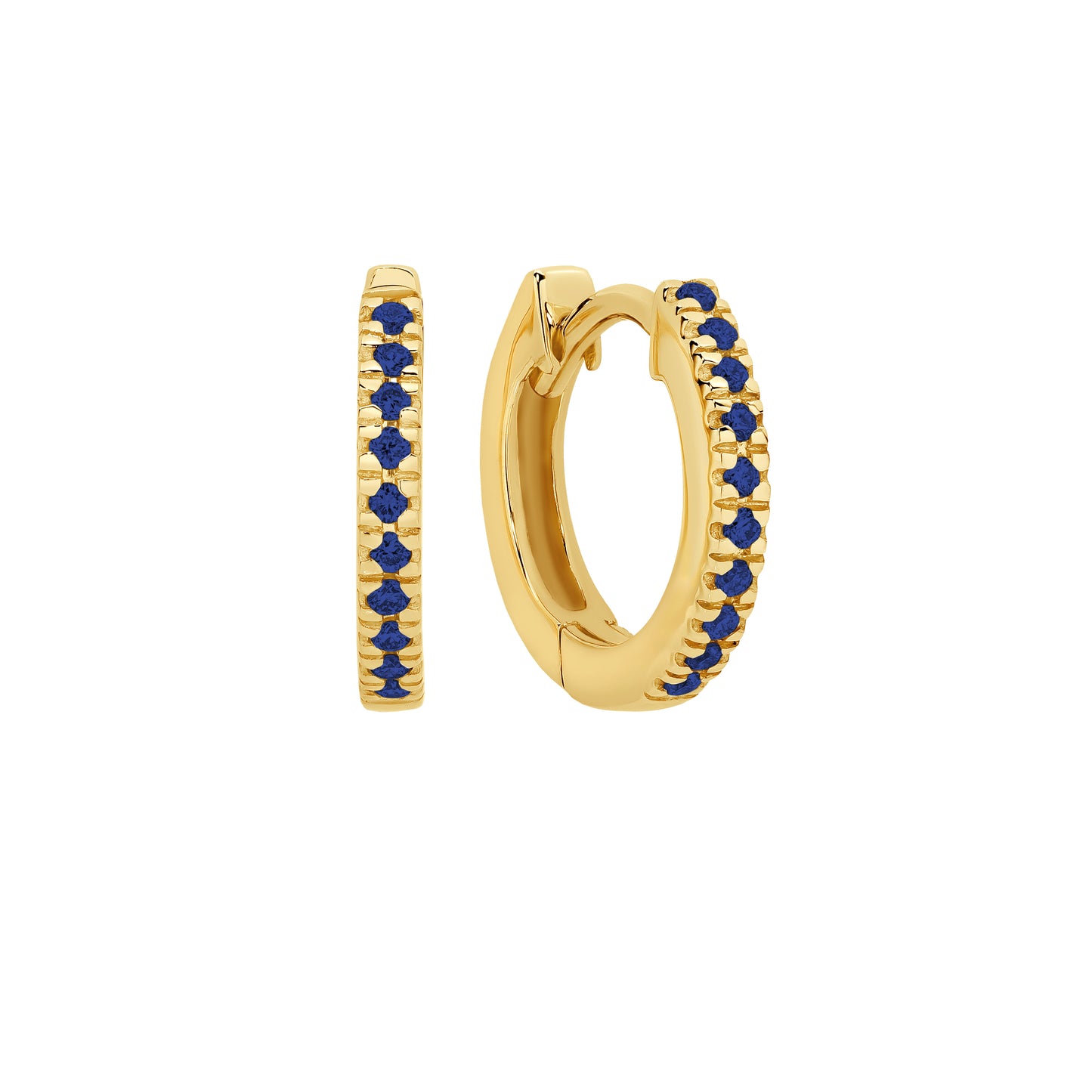 Mini yellow gold huggies with blue sapphires | By Angeline Australia