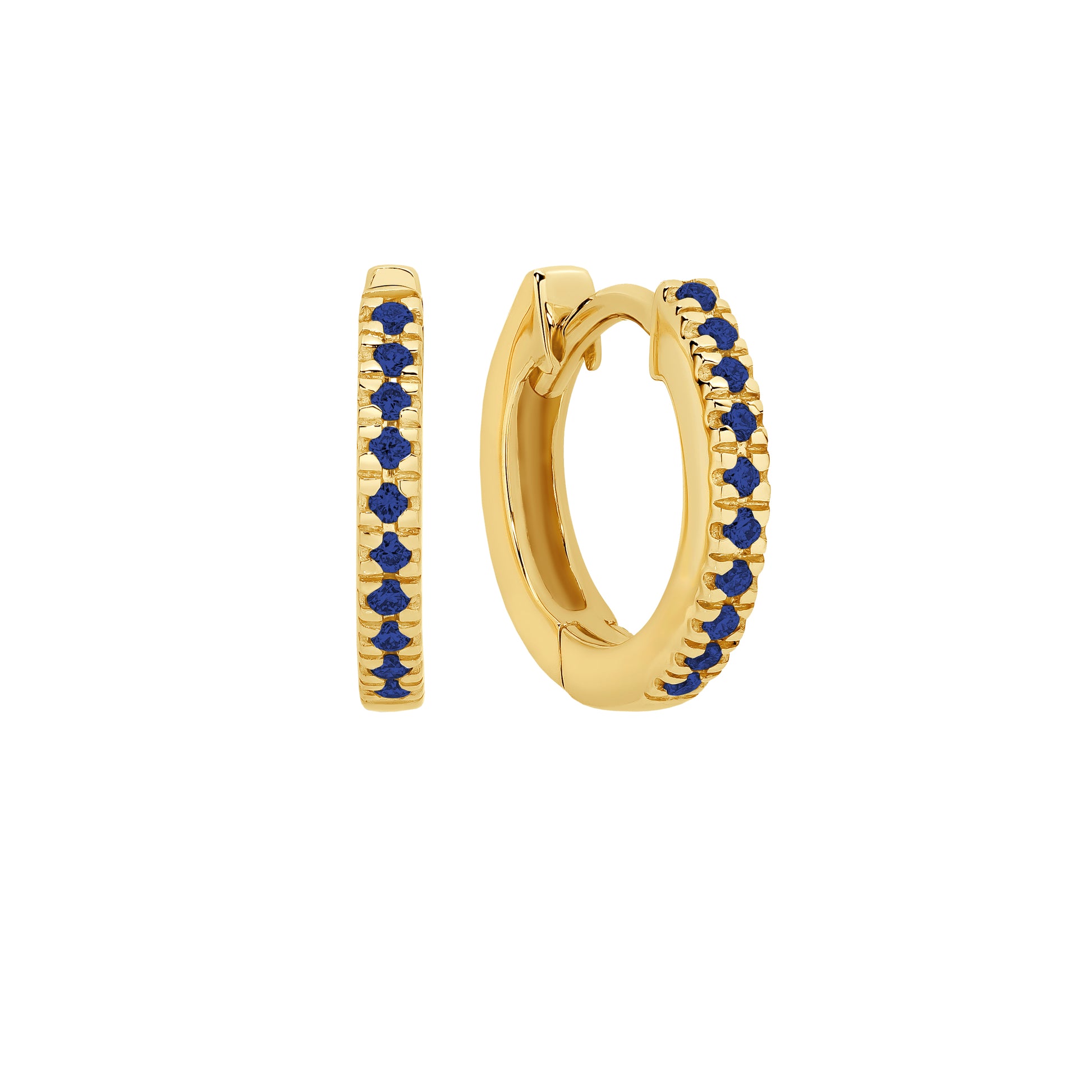 Mini yellow gold huggies with blue sapphires | By Angeline Australia