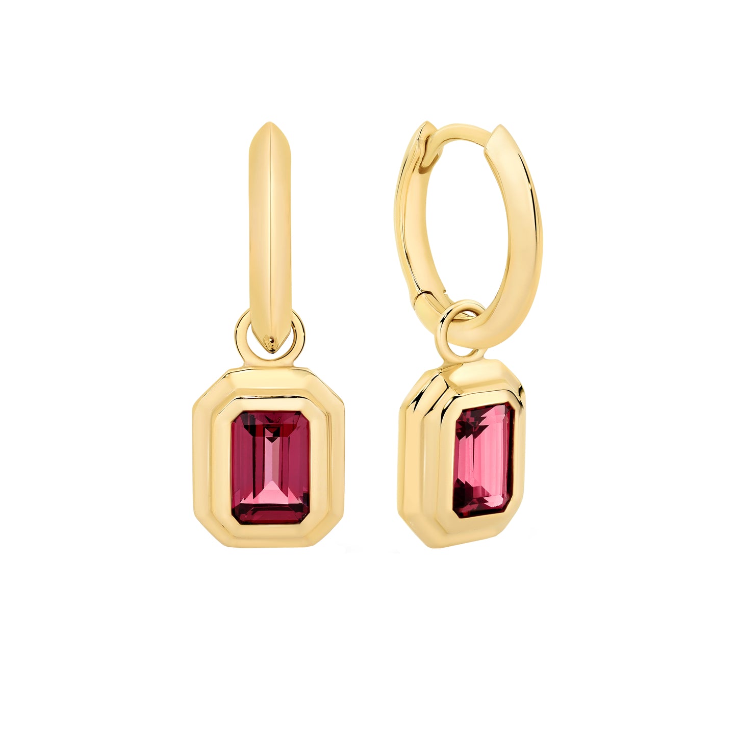 Bezel set rhodolite garnet Huggie Drop Earring | By Angeline Australia
