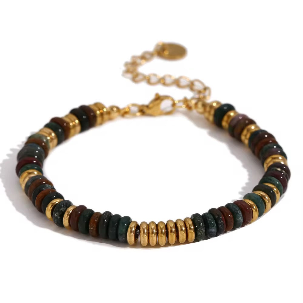 Bohemian Stone Bracelet for Women Stainless Steel Chains Handwoven Adjustable Natural Gemstone Stretch Boho Beaded Bracelet