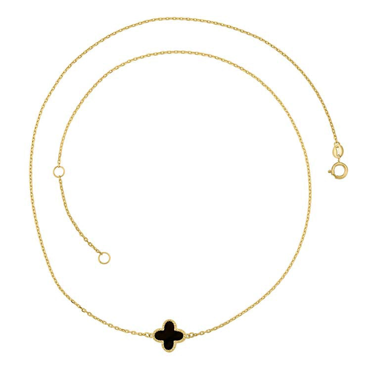 9CT Yellow Gold Single Black Onyx Clover Necklace 45cm