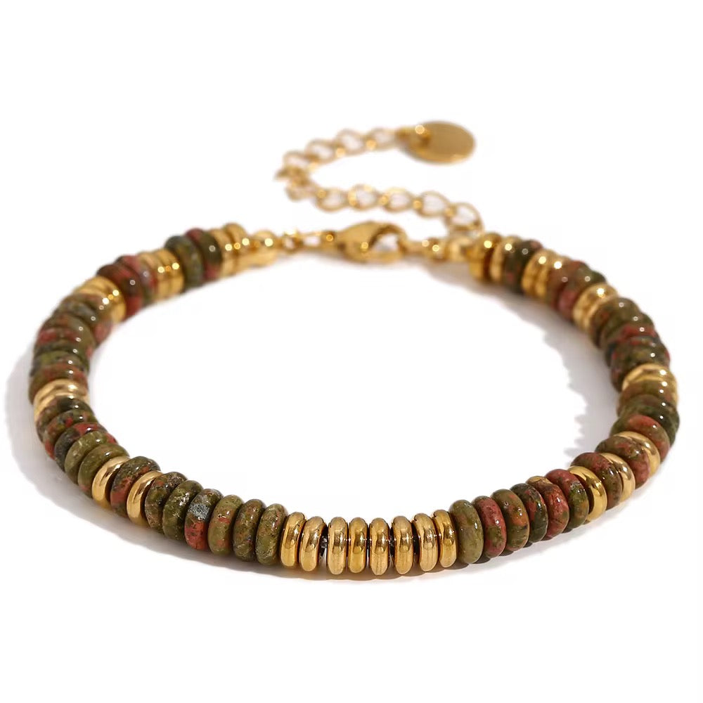 Bohemian Stone Bracelet for Women Stainless Steel Chains Handwoven Adjustable Natural Gemstone Stretch Boho Beaded Bracelet