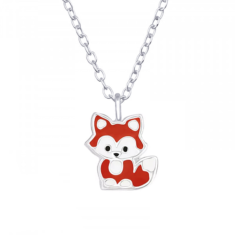925 Sterling Silver Enamel Fox Pendant with 40cm Chain + 5cm Extender