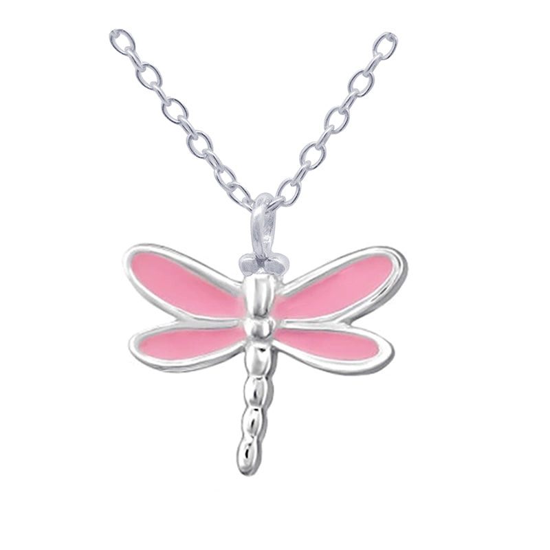 925 Sterling Silver Pink Enamel Dragonfly Pendant/Necklace
