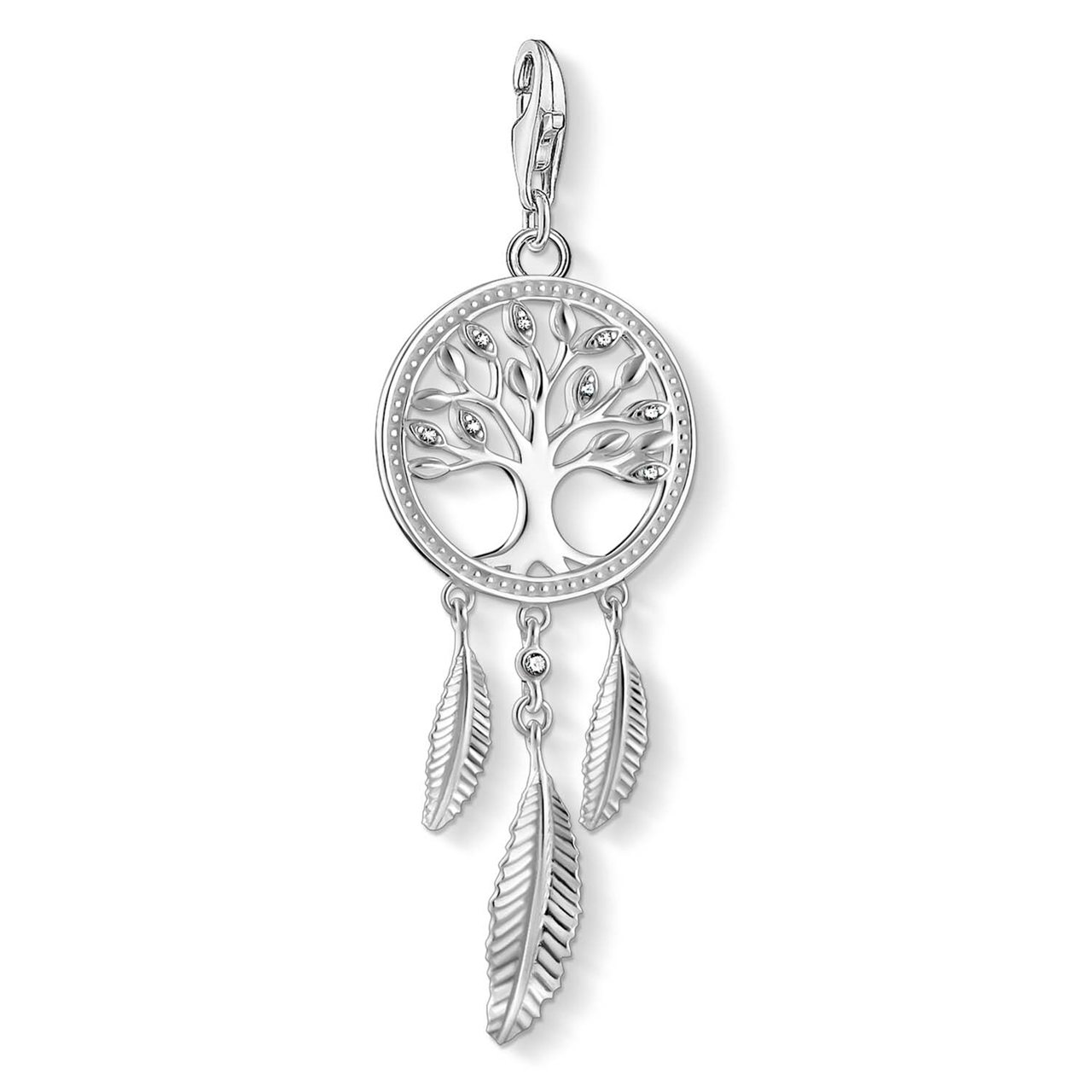 Silver pendant with tree of life design and feathers on a white background