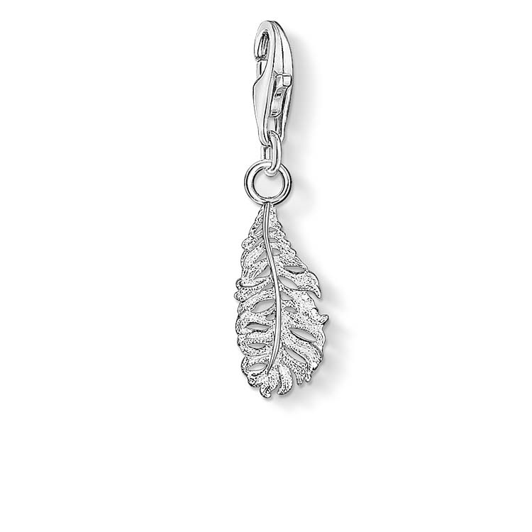 Silver feather charm on a white background
