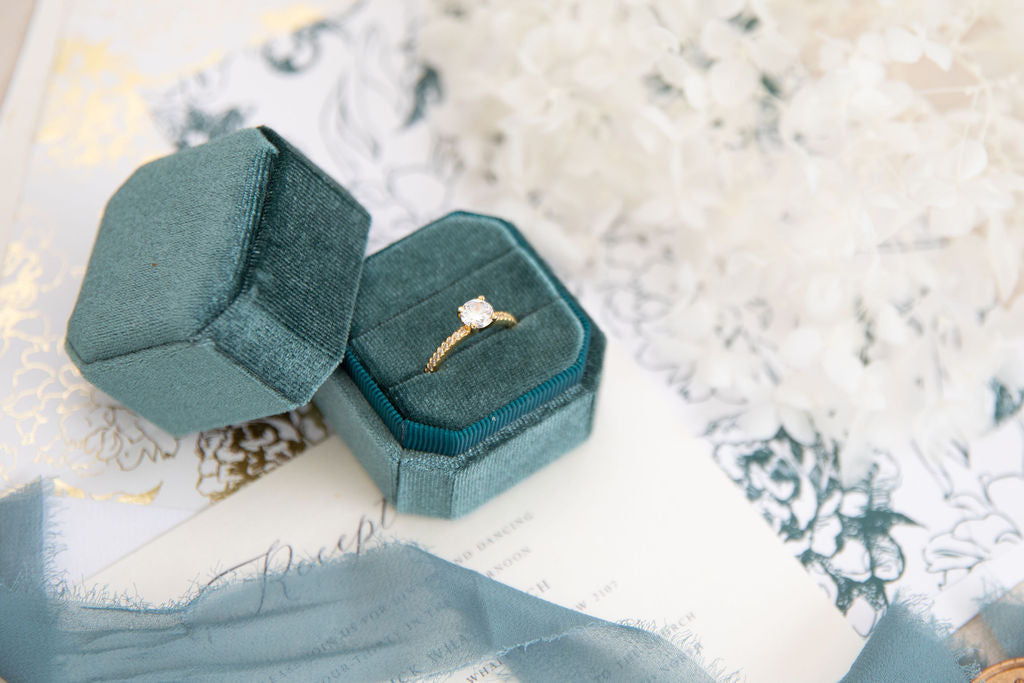Double Velvet wedding ringbox Teal with ring