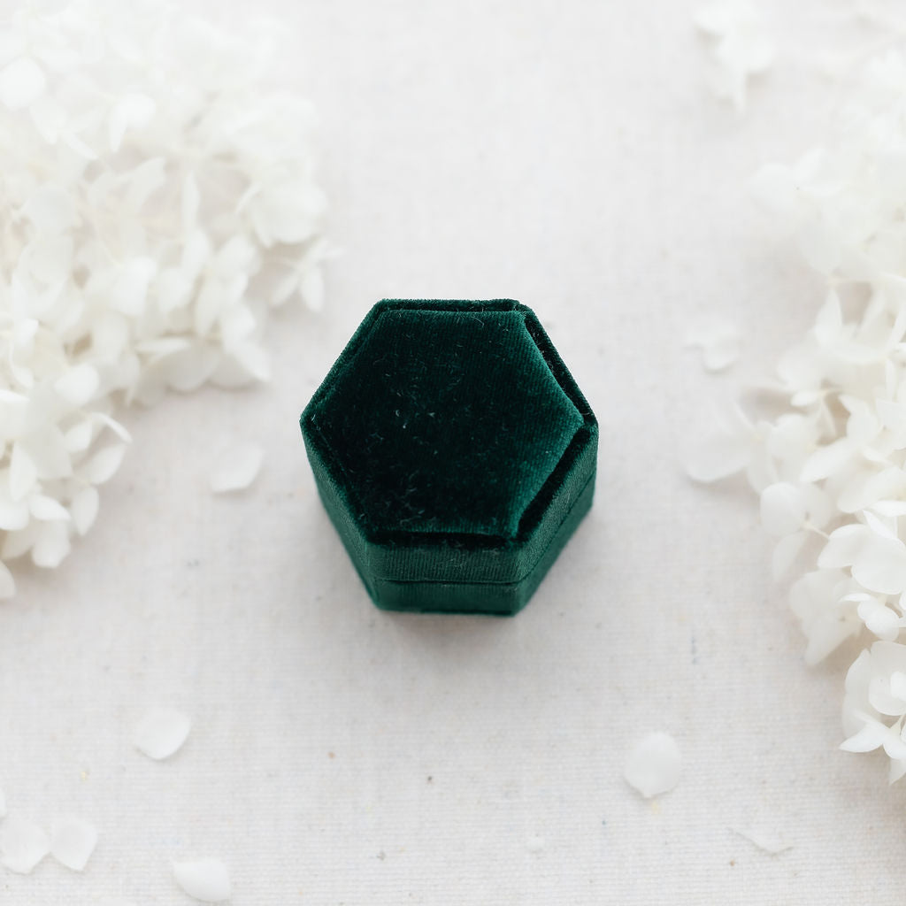 Green Hexagonal Velvet Engagement Ring Box with lid on