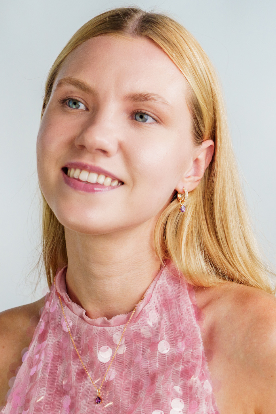 GEORGINI WISTERIA DUO PEAR EARRINGS AMETHYST CZ GOLD