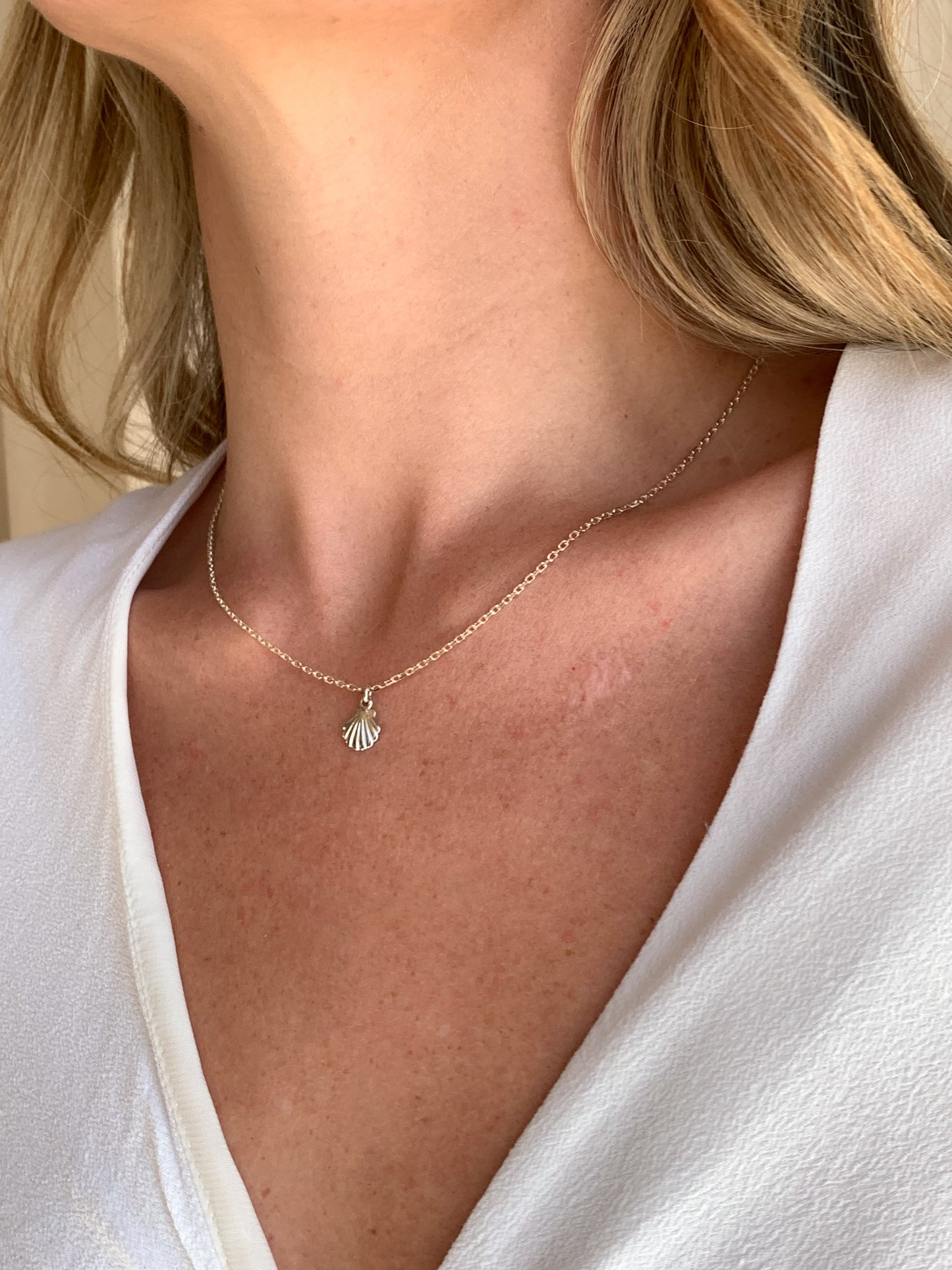 Silver Shell Necklace with white blouse By Angeline Australia
