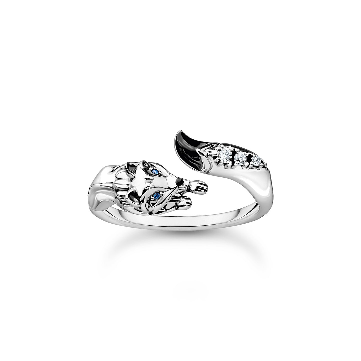 THOMAS SABO TR2417-691-7 Women's Ring Fox with White Stones Silver 925 Sterling Silver Blackened Cold Enamel, 54, Sterling Silver, Cubic Zirconia