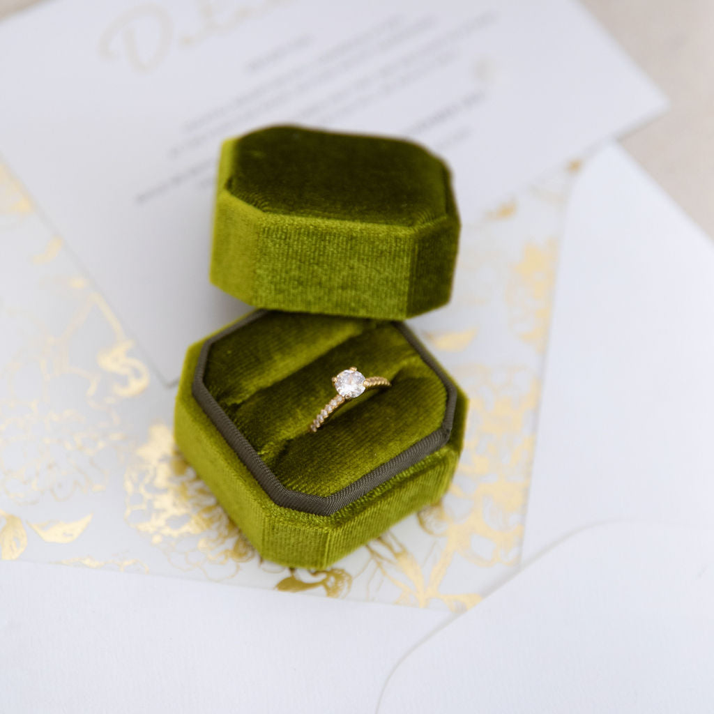wedding ring box velvet olivine 2 slots
