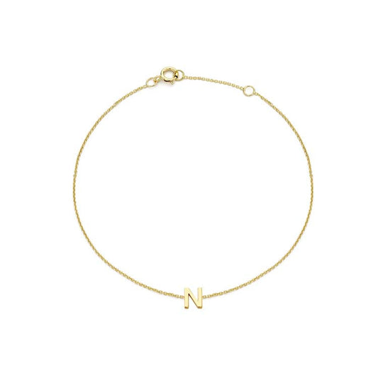 9K Yellow Gold Mini Initial 'N' Bracelet 15.5-19cm
