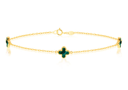 9CT Yellow Gold 3 Malachite Petal Bracelet 19 cm