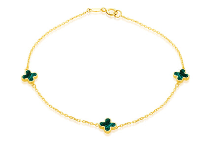 9CT Yellow Gold 3 Malachite Petal Bracelet 19 cm