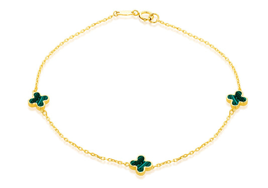 9CT Yellow Gold 3 Malachite Petal Bracelet 19 cm