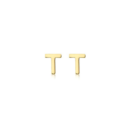9K Yellow Gold Mini Initial 'T' Stud Earrings