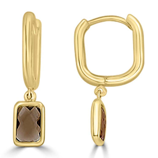 9CT Yellow Gold Faceted Smokey Qtz Huggie Earrings