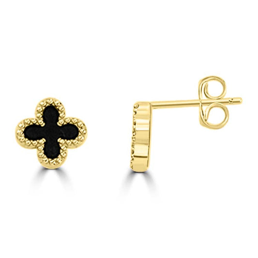 9CT Yellow Gold Black Onyx Clover Stud Earrings