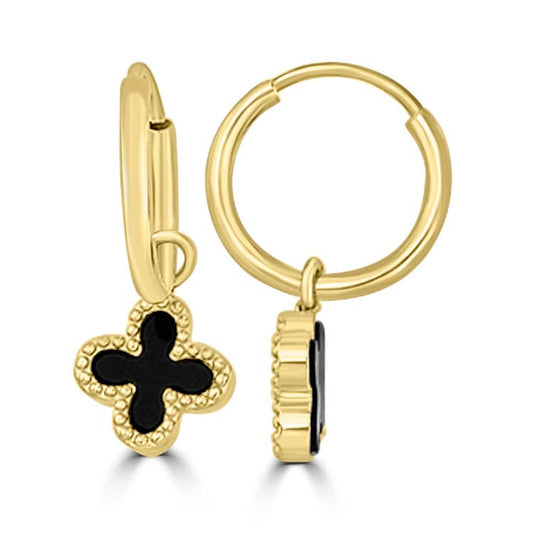9CT Yellow Gold Black Onyx Clover Huggie Earrings