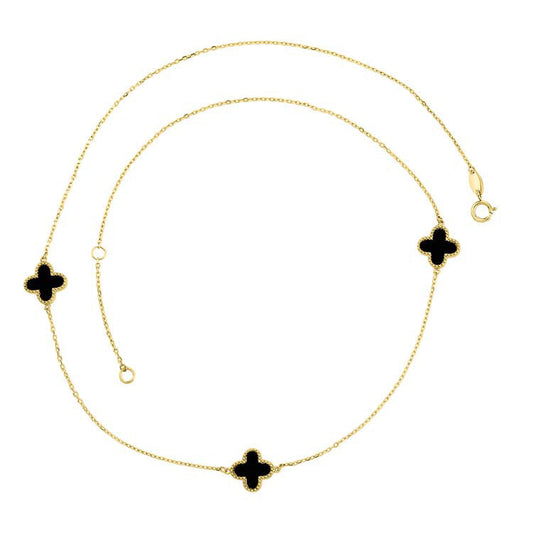 9CT Yellow Gold Black Onyx Clover Necklace 45cm