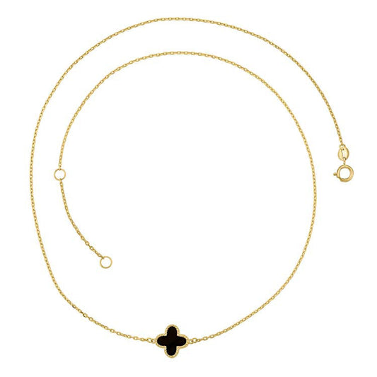 9CT Yellow Gold Single Black Onyx Clover Necklace 45cm