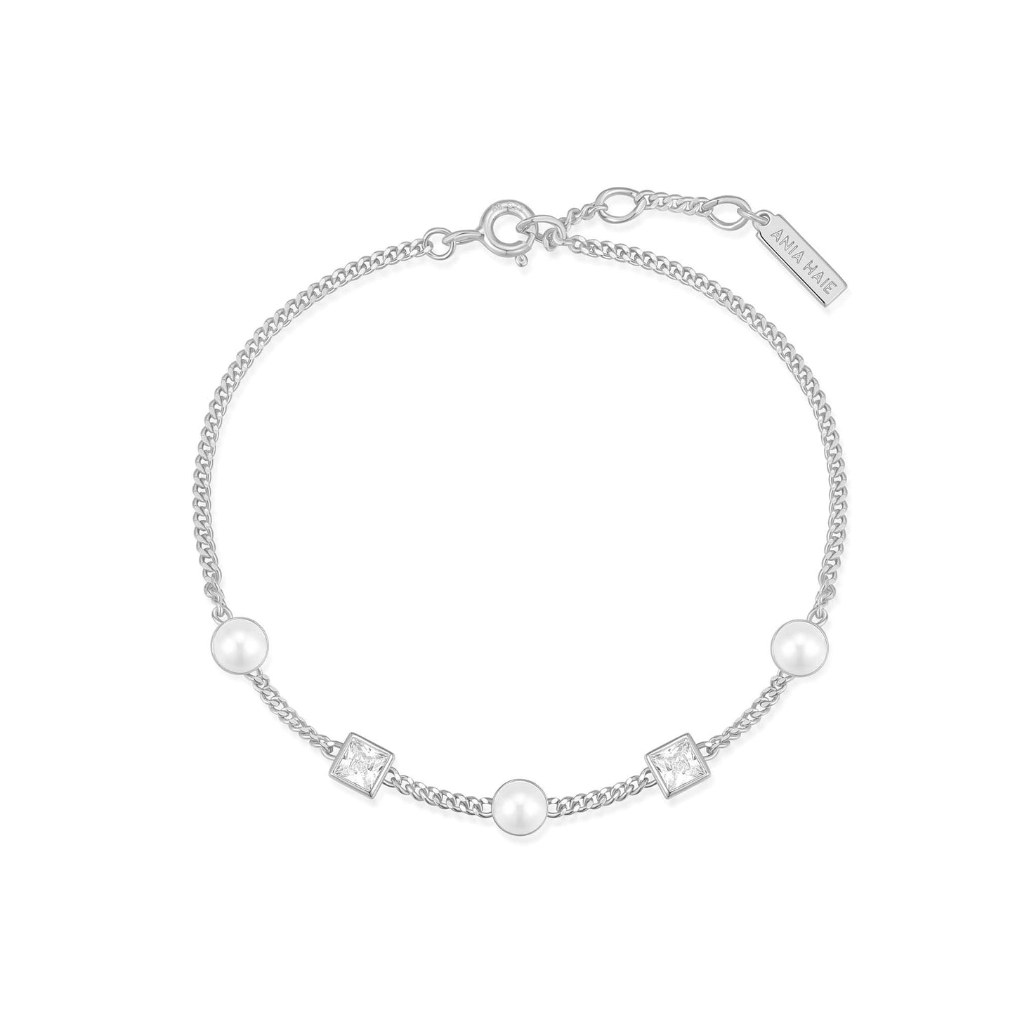 Ania Haie Silver Bezel-Set Cube and Pearl Station Bracelet