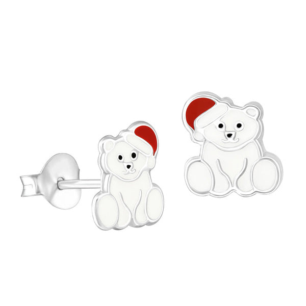 925 Sterling Silver Enamel Polar Bear with Christmas Hat Studs