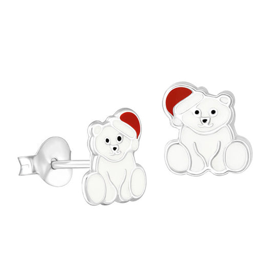 925 Sterling Silver Enamel Polar Bear with Christmas Hat Studs