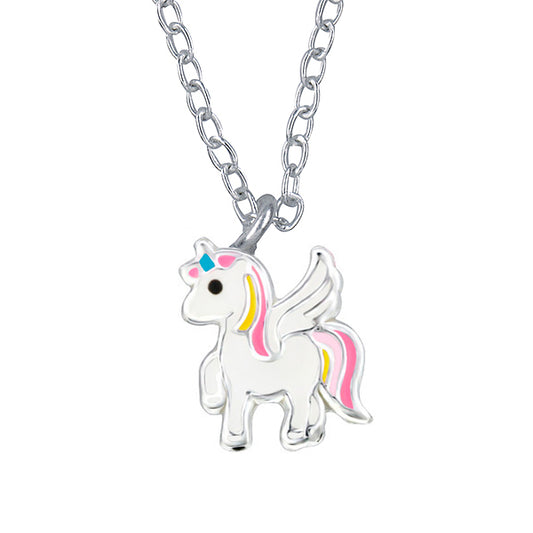 925 Sterling Silver Yellow/Pink Enamel Unicorn Pendant with 40cm Chain + 5cm Extender