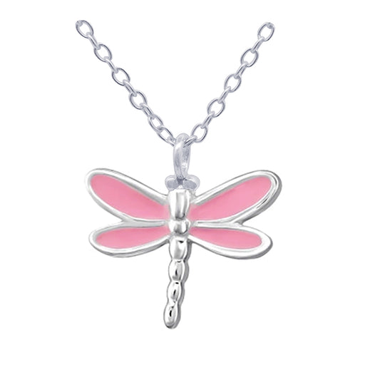925 Sterling Silver  Pink Enamel Dragonfly Pendant/Necklace