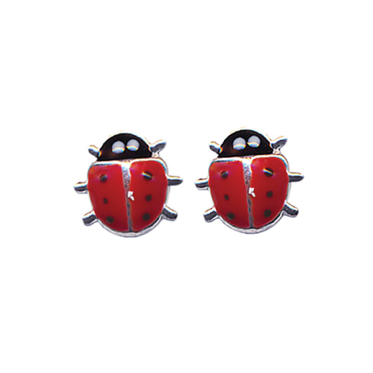 925 Sterling Silver  Red Enamel Lady Bird Studs
