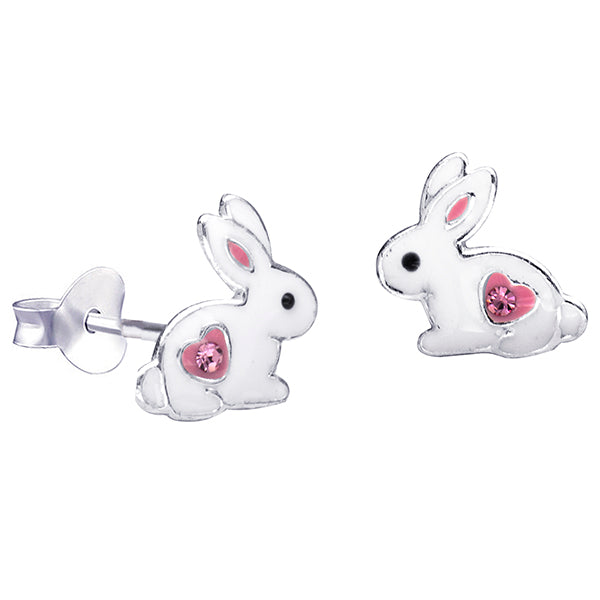 925 Sterling Silver Epoxy White Rabbit with Pink Heart + Crystal Studs