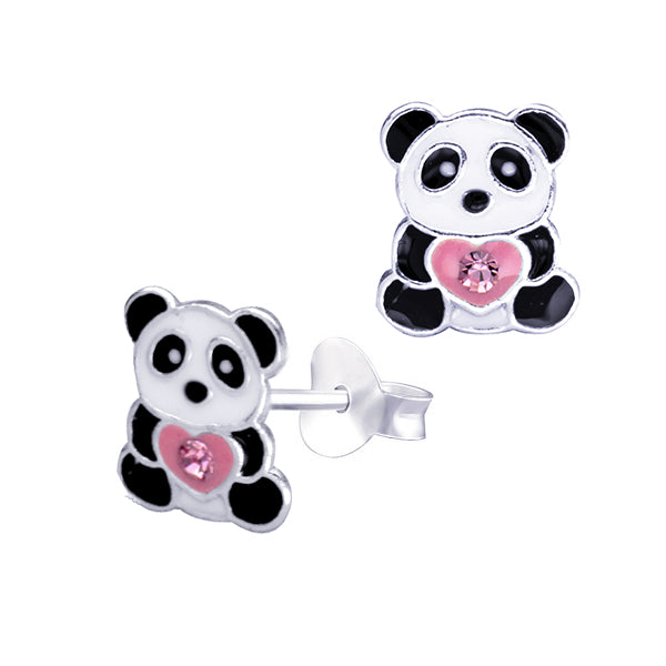 925 Sterling SilverBlack/White Enamel Panda with Pink Heart + Crystal Studs