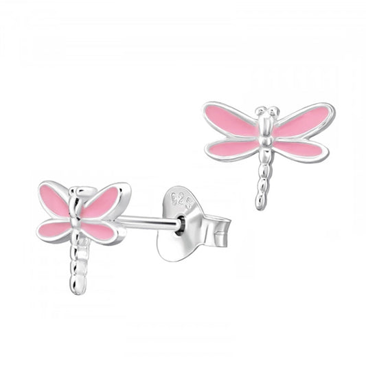 925 Sterling Silver Pink Enamel Dragonfly Studs