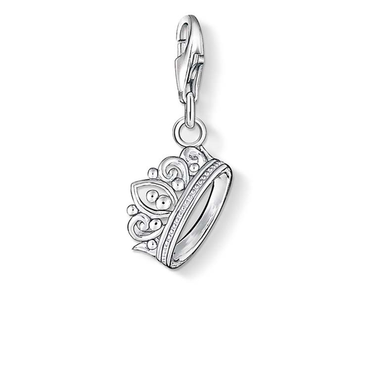 Silver charm with a crown design on a white background