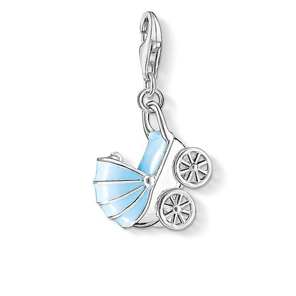 Silver charm shaped like a baby carriage with blue accents on a white background