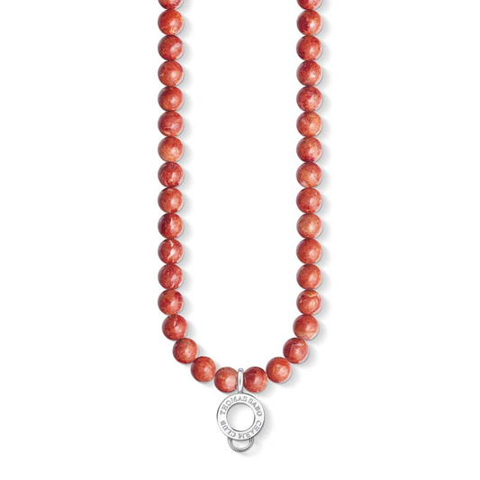 Red beaded necklace with a silver clasp on a white background