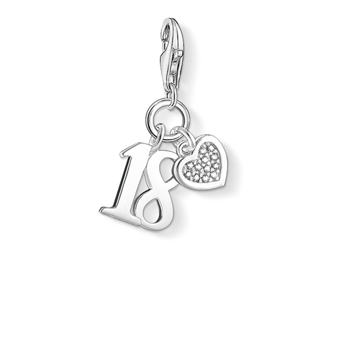 Silver charm with number 18 and heart design on a white background