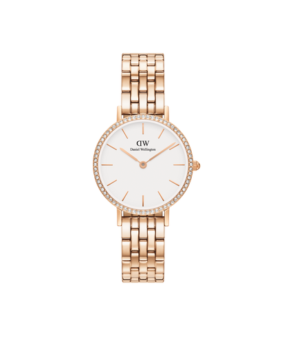 Daniel Wellington Petite 28 Bezel 5-Link White & Rose Gold Watch