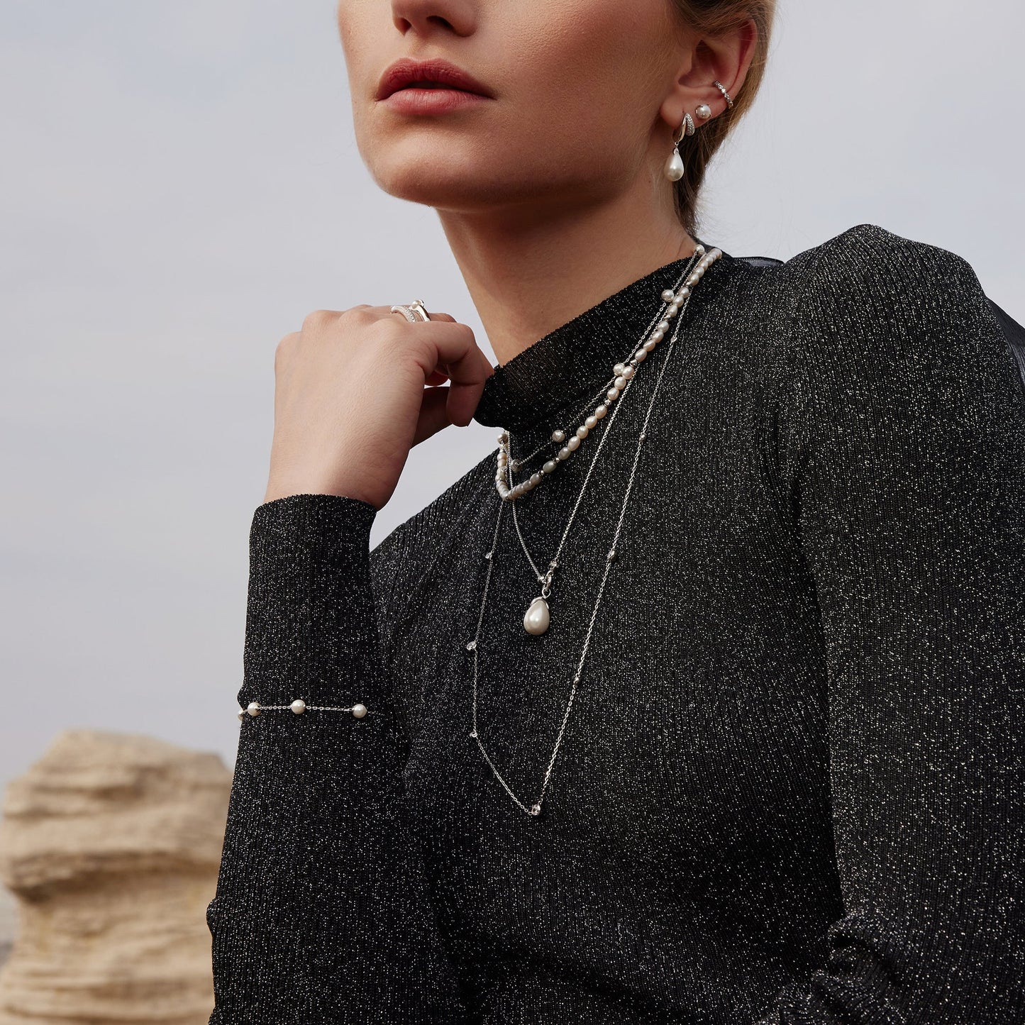 Ania Haie Silver Linked Shell Pearl Drop Pendant Necklace