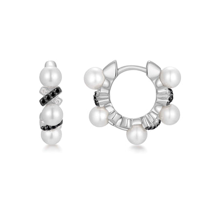 Two-Tone Sparkling Braided Shell Pearl Huggie Hoop Earrings