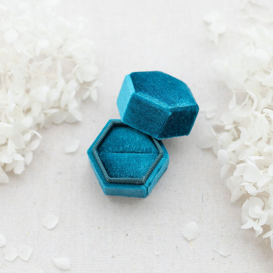 Hexagonal velvet ring box lagoon blue