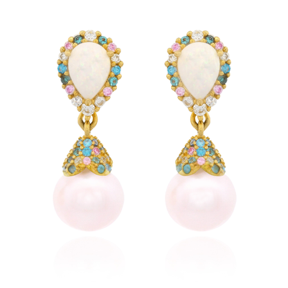 GEORGINI WISTERIA CREATED OPAL AND PEARL CASCADE EARRINGS GOLD