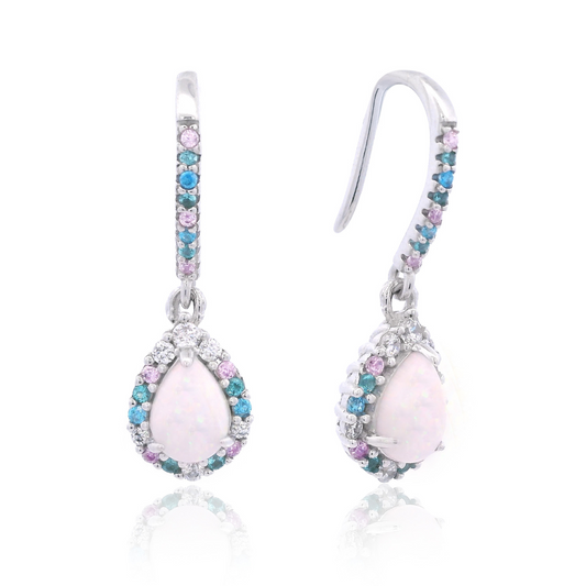 GEORGINI WISTERIA CREATED OPAL FLORIBUNDA SHEPHERD HOOK EARRINGS SILVER