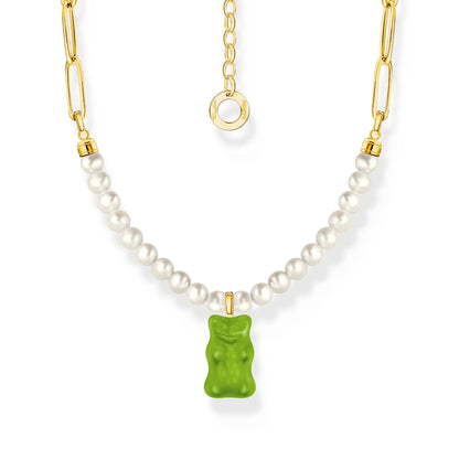 THOMAS SABO Link necklace with green goldbears & freshwater pearls