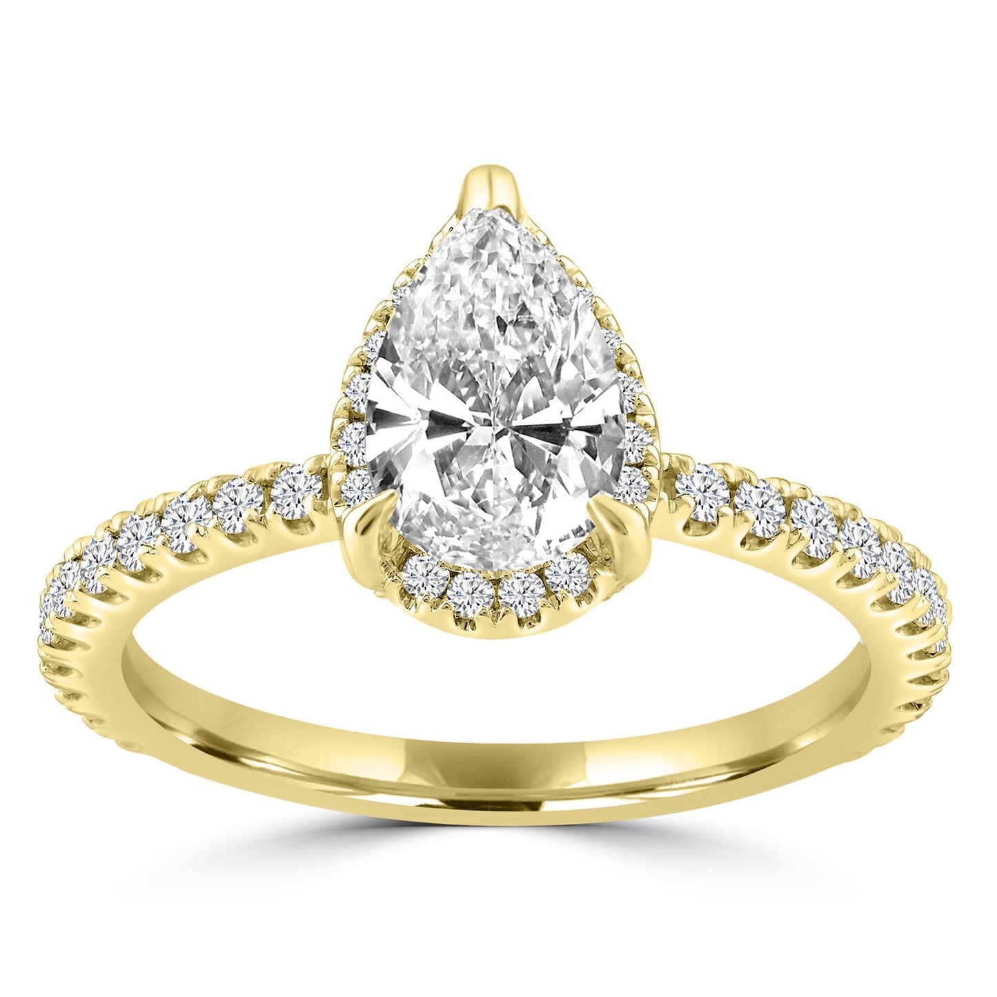 Pear Shape diamond halo engagement ring set in yellow gold